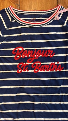 Vineyard Vines Bonjour St Barths”Navy&White Striped Dreamcloth Crewneck M(10-12) - Picture 2 of 6