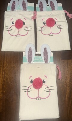 Lot Of 3 Canvas Easter Canvas Treat Bags 5.12  X 7.09  - New