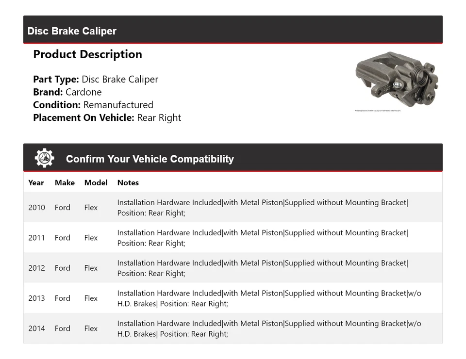 Pinza de freno de disco trasera derecha Cardone 2011 2012 2013 para Ford Flex 2010-2014 Foto 2 de 4