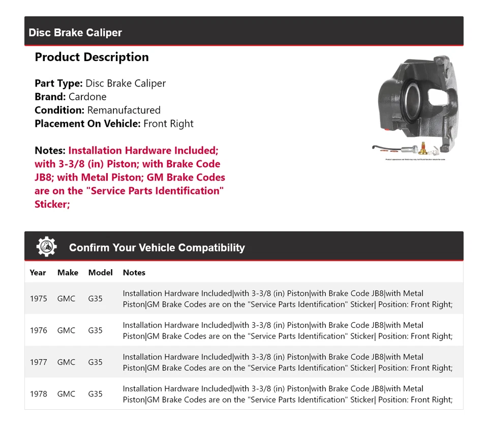 Pinza de freno de disco delantera derecha Cardone 1976 1977 para GMC G35 1975-1978 Foto 2 de 4