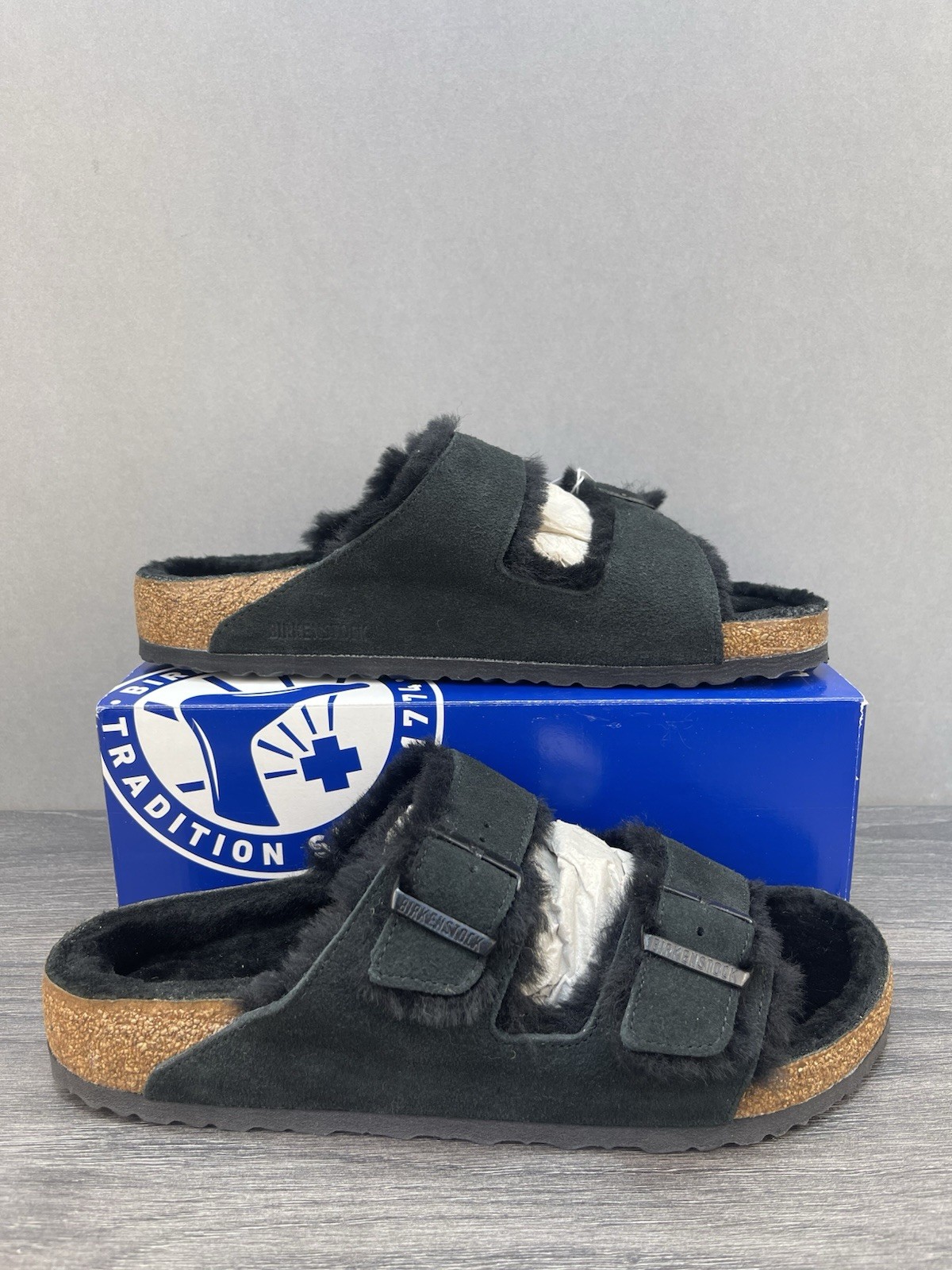 Birkenstock Sandals Size UK 11.5 Arizona Shearling Black Fur Lined RRP £130