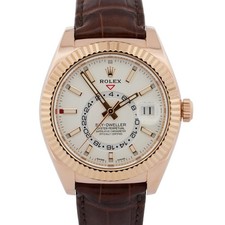 Rolex Sky-Dweller 42mm WHITE 18K Rose Gold Fluted Brown LEATHER 326135 Watch BOX