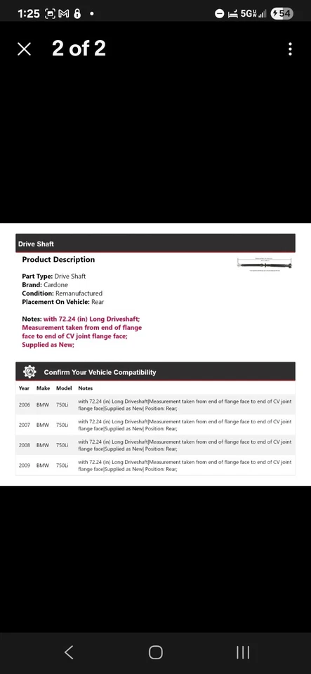 Eje de transmisión trasero Cardone 2007 2008 para BMW 750Li 2006-2009 Foto 2 de 2