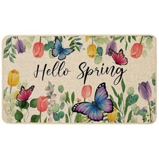 Hello Spring Door Mat Butterfly Floral Tulips 17x29 inch Spring Butterfly