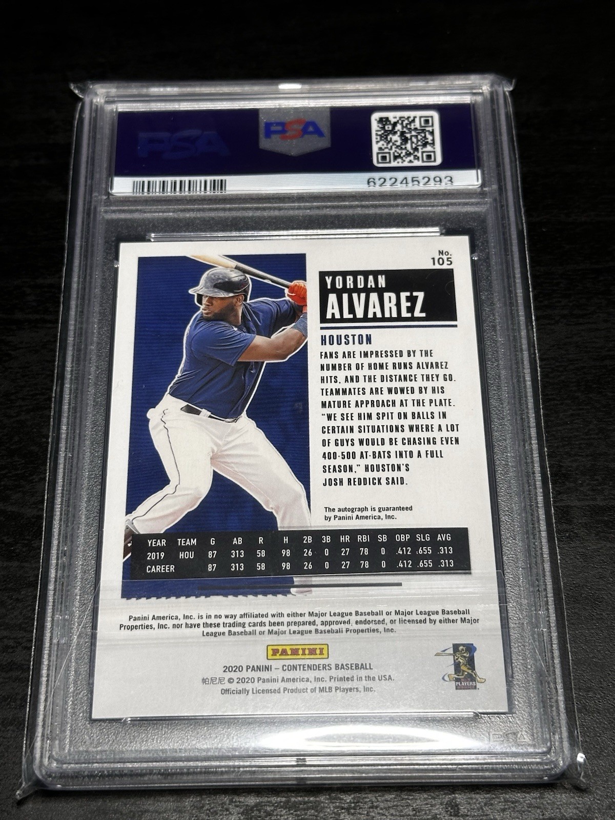 2020 Panini Contenders Yordan Alvarez #105 RC Ticket Auto Ice /23 PSA 10 view 2
