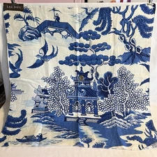 Willow Blue & White Lee Jofa Chinoiserie Linen Fabric 27” Fabric Sample Grommet