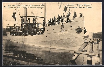 Passagierschiff S.S. Baron Dhanis mit Passagieren an Deck, Ansichtskarte 