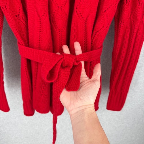 Katherine Kelly Womens Cashmere Tie Waist Cardigan Sweater Size M Red Cable Knit - Picture 2 of 9