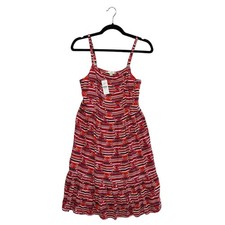 LOFT Ikat Smocked Back Mini Dress NWT Women's Sz 4 Red Peplum Lined Boho
