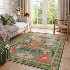 Washable Green Floral Rug 5x7 Cottagecore Nursery Soft Boho Flower Non-Slip