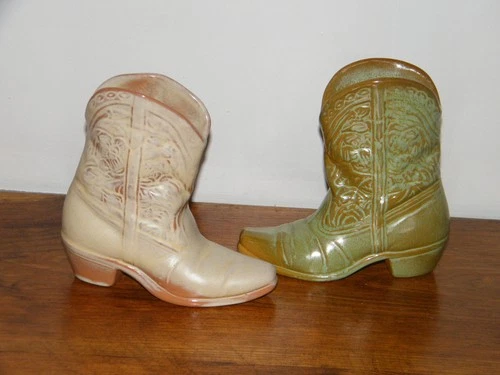 2 Frankoma Pottery Cowboy Boot Wall Pocket Green & White Wash Pair Org. Label