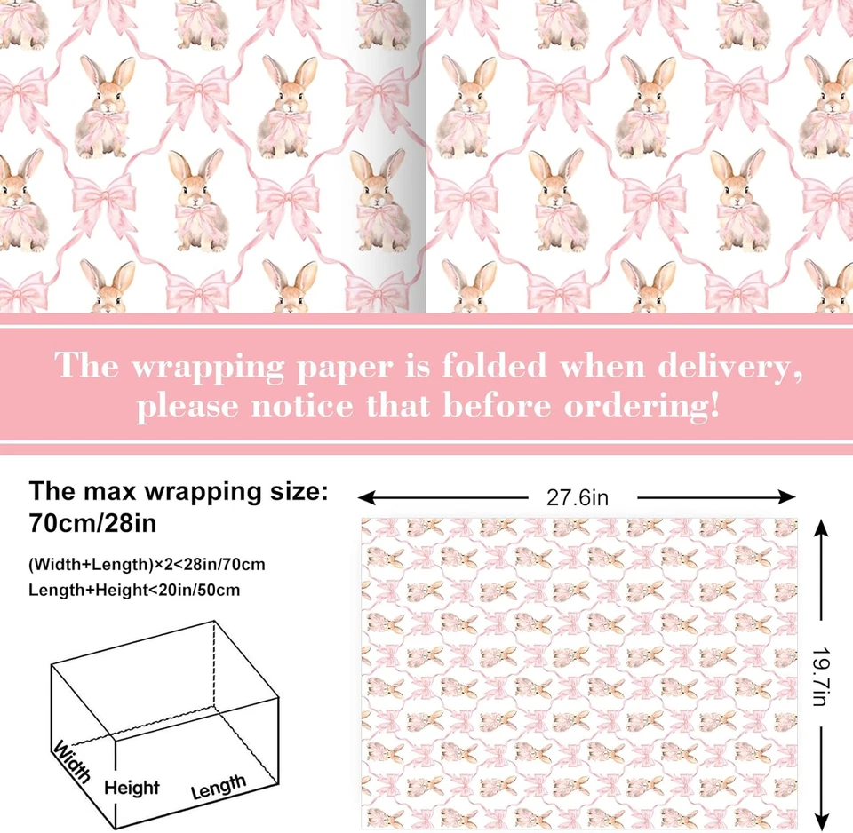 6 Hojas 1er Papel de Envolver Cumpleaños - No Rollo - Lindo Conejito Rosa Arco Pascua Gif Foto 2 de 4