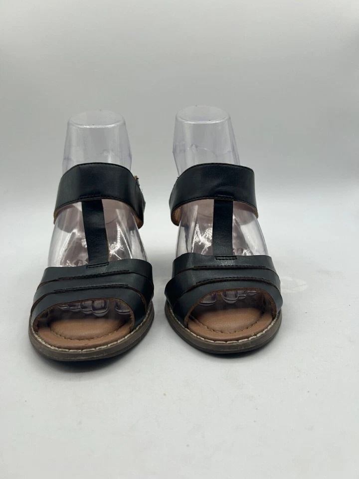 Sandalia Para Mujer Talla 6.5M 9 Cuero Negro Tacón Medio Bloque Cómoda Formal Puntera Abierta Foto 2 de 4