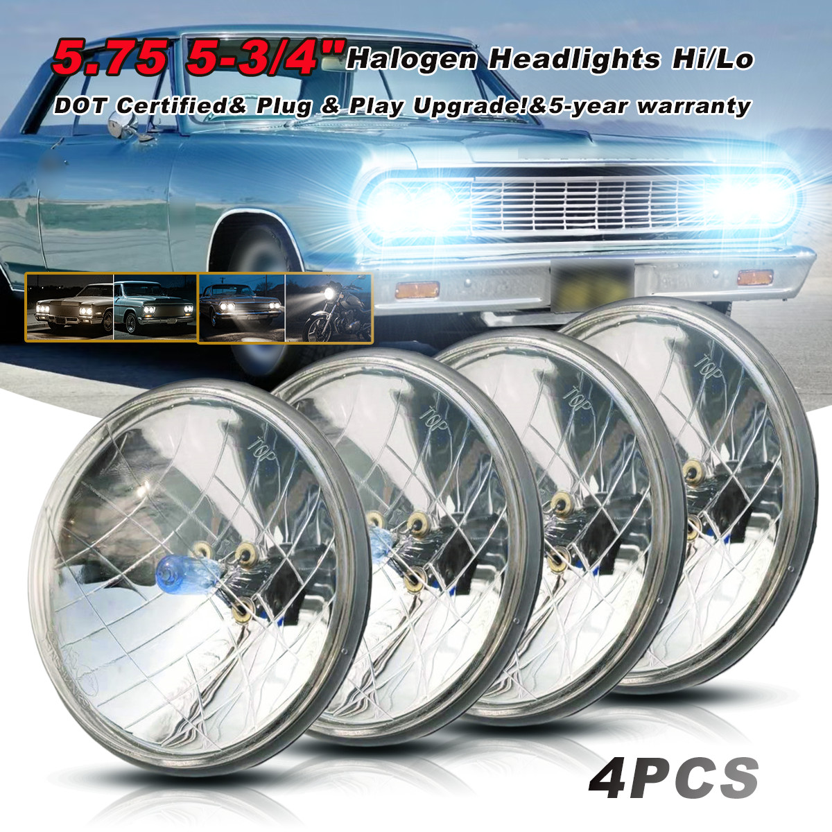 4PCS 5-3/4" 5.75" Headlights Hi/Lo Beam For Lincoln Continental 1958-1979