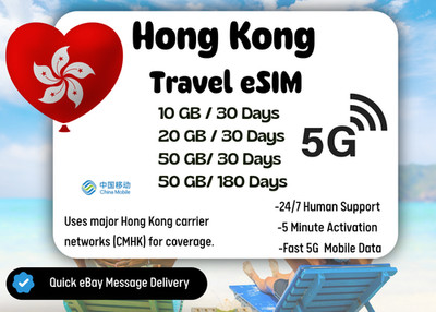 Hong Kong Travel eSIM Card, 10-50GB, 30-180Days, Same Day Delivery, QR Code