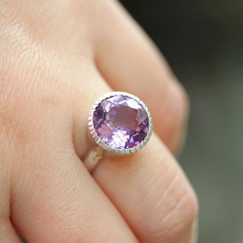 Natural Purple Amethyst Gemstone Cocktail Ring 10k White Gold Ring - Picture 5 of 5
