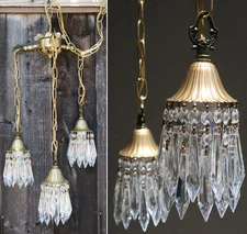 PAIR 3-lite Vintage Ceiling lamp chandelier with Canopy tole brass Lily crystal