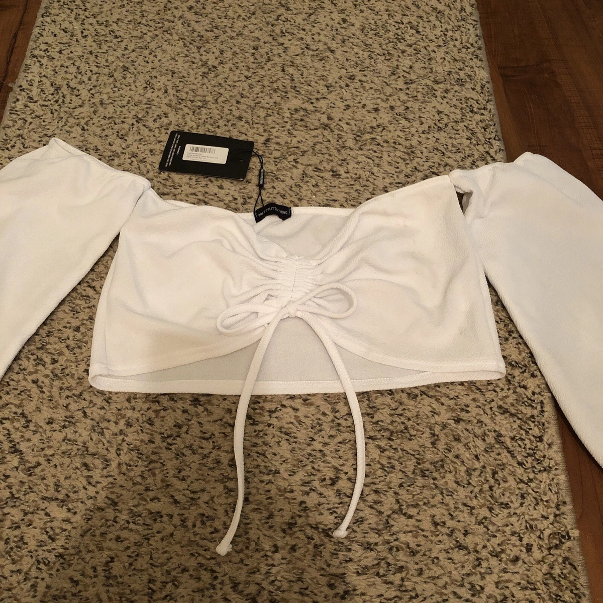 White ruched detail bardot 2025 long sleeve crop top