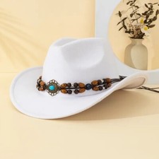 White Cowboy  Cowgirl Hat   Wide Brim, Brown Bead Strap, Retro Western Look