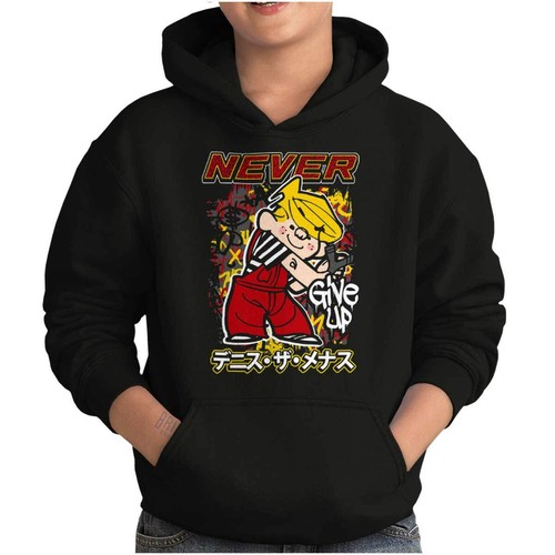 Urban Kanji Dennis the Menace Never Give Up Youth Hooded Sweatshirt Boy or Girl