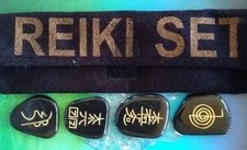 BLACK JASPER REIKI SET, 4 PIECE BLACK JASPER REIKI ENGRAVED STONE SET With PURSE