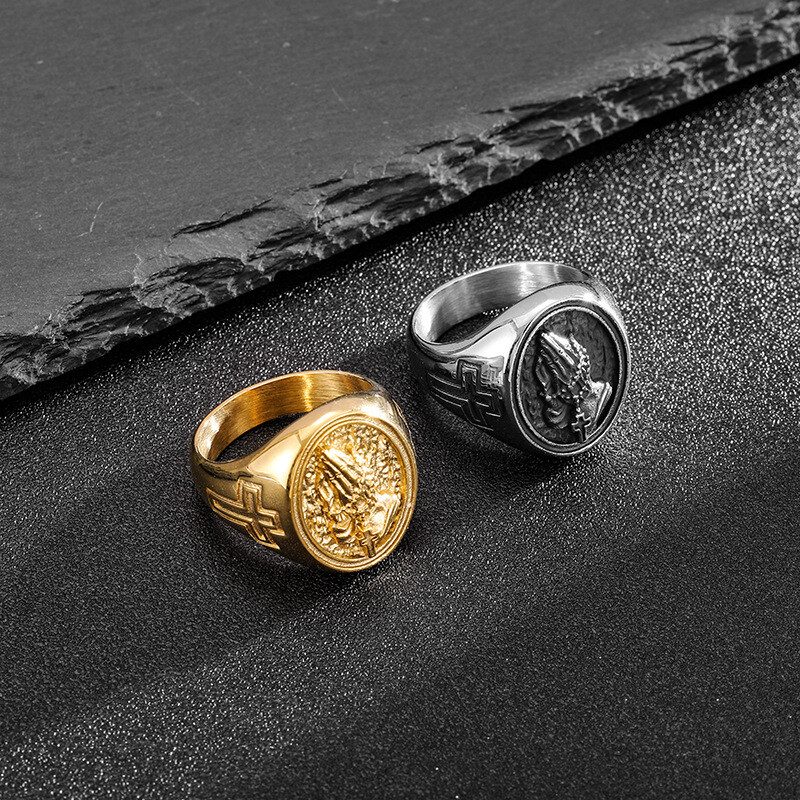 Praying Hands Cross Ring Stainless Steel for Men Hip Hop Gold