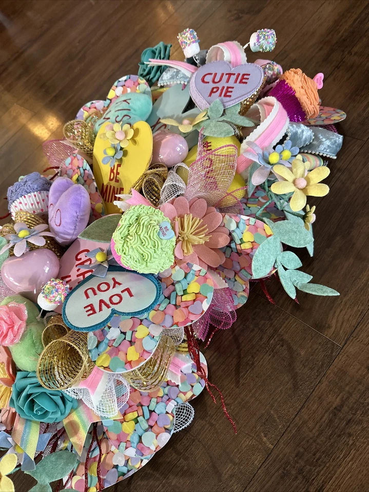 Conversation Hearts Candy Cupcakes Valentines Day Deco Mesh Front Door Wreath - Image 3 of 4