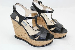 Prada T-Strap Cork Wedge Sandals Black Saffiano Patent Leather 39.5/ 9.5US (O42) | eBay
