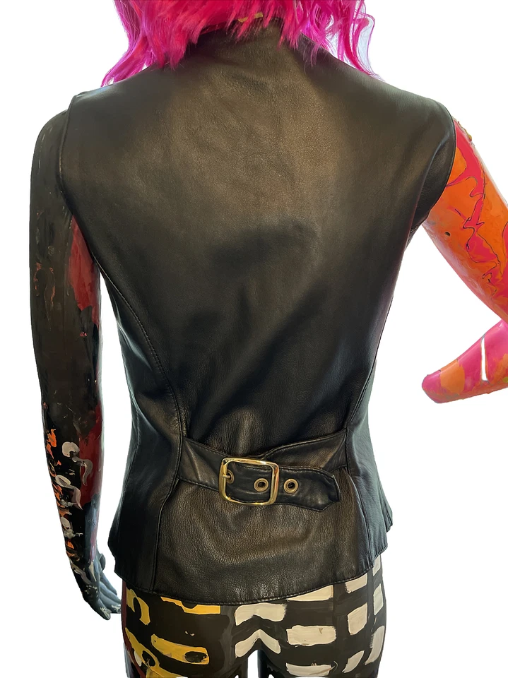 Colete feminino de couro preto sem mangas com zíper frontal XS VINTAGE - Imagem 4 de 4