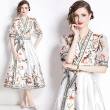 Women's New V-neck Short Sleeve A-line Floral Printed A-line Long Maxi Dresses