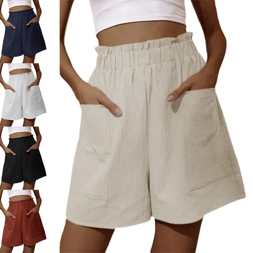 Damen-Freizeitshorts elastischer Bund Baumwolle Leinen Tasche Sommer kurze Hose - Bild 2 von 19