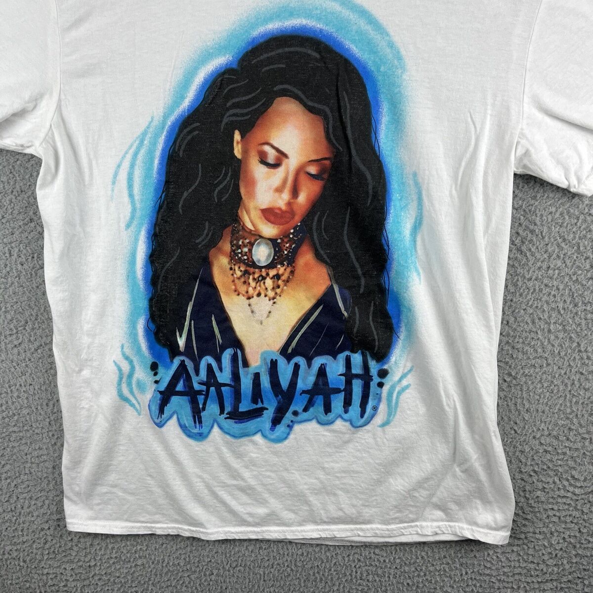 Aaliyah Shirt Mens Medium White Blue Airbrush Style Hip Hop Aaliyah Shirt Mens Medium White Blue Airbrush Style Hip Hop