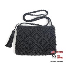 Handmade Crochet Purse Boho Cotton Rope Crossbody Shoulder Bag with Black