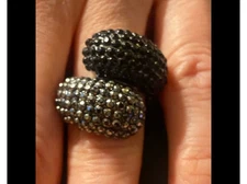 Beaded Cocktail Ring, Black & Grey Adjustable Sz 7-9 - VGUC