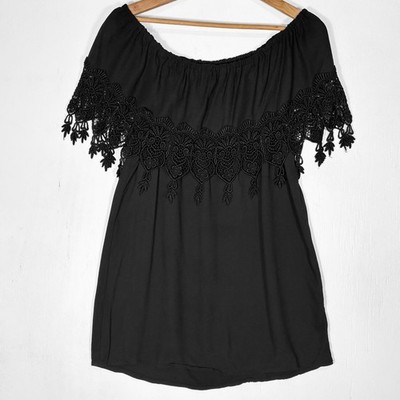 Stone Cold Fox Crochet Lace Black Off the Shoulder Mini Dress Womens M
