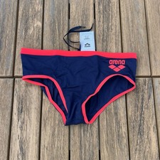 Arena men navy blue neon red logo Swim Brief bikini swimwear size 32 34 36 38