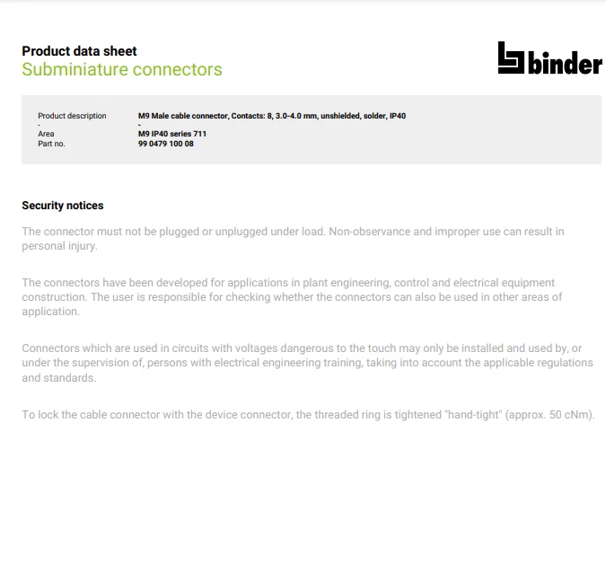 Binder Circular  Connector M9 Plug 8 Pin Male Solder 99 0479 00 08 Series 711 - Image 4 of 4