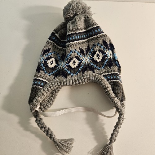 WAGBY Grey and Blue Fair Isle Knit Winter Hat Puppy Dog Size Medium Large