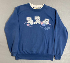 Vintage Morning Sun Graphic Sweater 1990s Blue White Kittens Yarn