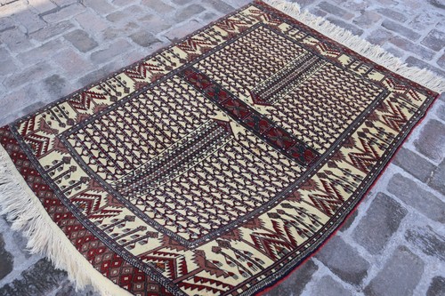 4'1x5'5 ft Vintage Afghan Handmade Beige Parda design Rug- Soft Pile Antique Rug - Picture 8 of 15