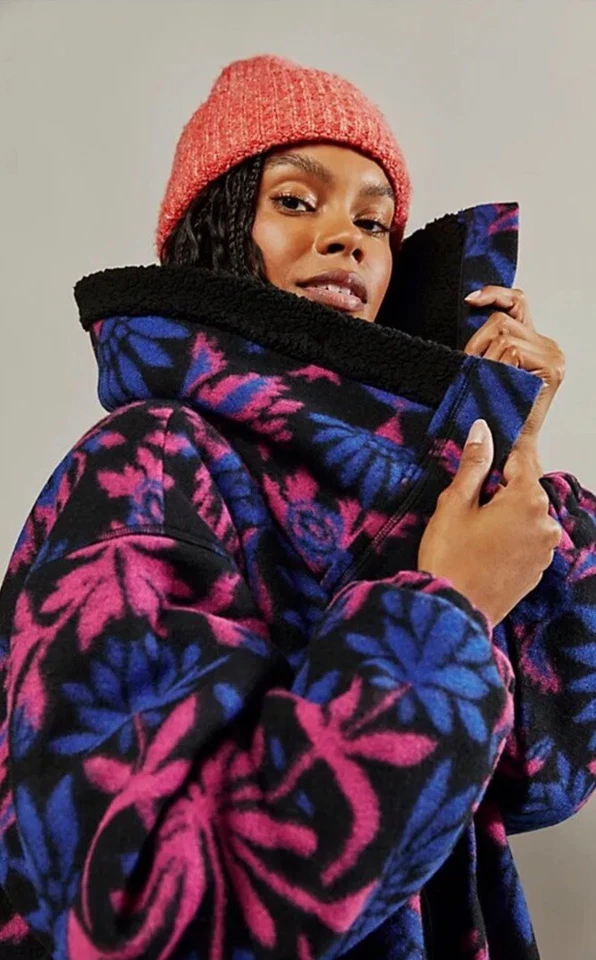 Free People The Love Cardi Coat Sherpa Foldover Collar Sapphire Combo XL NWT - Image 3 of 4