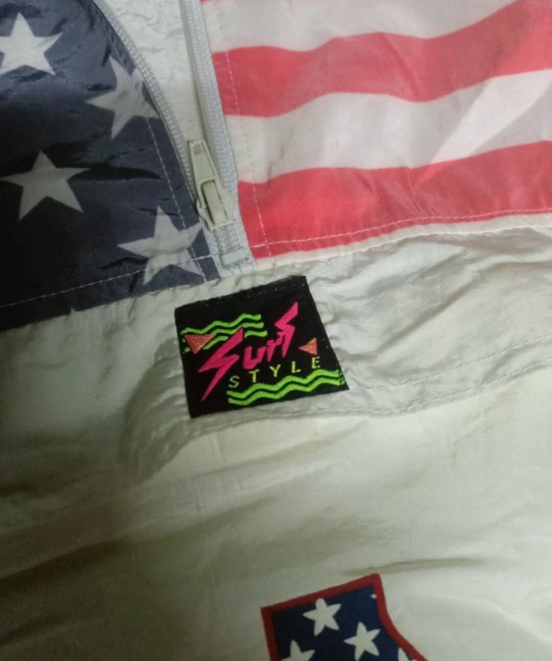 Vintage Windbreaker Surf Style Jacket One Size America Flag USA 1/4 Zip Pullover - Image 3 of 4