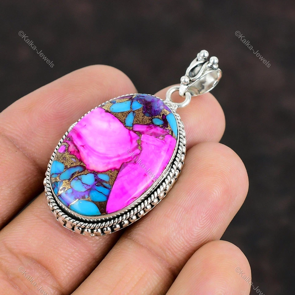Colgante de piedras preciosas turquesa dalia Kingman natural rosa plata de ley 925 Foto 4 de 4