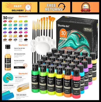 30 Colors Metallic Acrylic Paint Set - 60ml Artist Grade, Non-Toxic, Vivid Pigme
