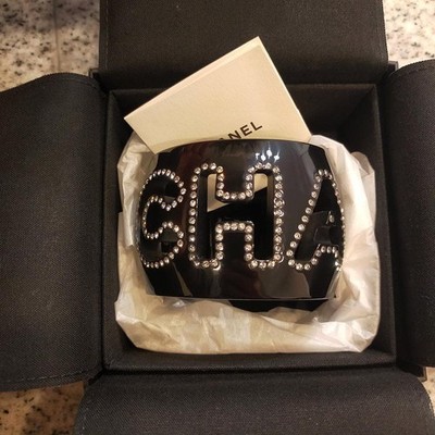 Chanel Bracelet Bangle Black Gold Crystal Resin Metal Women's with Box