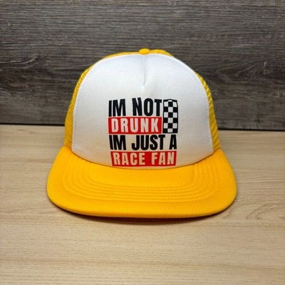 Vintage Race Fan Hat Cap Snap Back Yellow White Trucker Mesh Funny Racing Beer