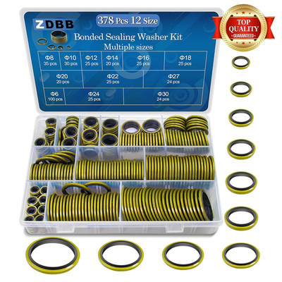 12 Sizes 378 Pcs Bonded Sealing Washer Kit,Automotive Self-Centred AC Seal Metal