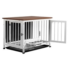 31in Wooden Dog Crate with Feeder, Removable Tray End Table Decorative Pets Cage