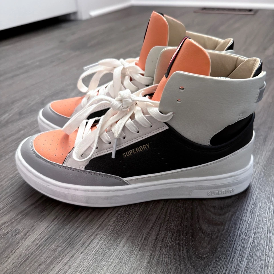 Superdry High Top Sneakers Orange Gray White Black Leather Lace Up Women's sz 8 - Image 3 of 4
