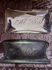 Two Vintage “At Rest” COFFIN CASKET PLAQUES - Funeral Estate Auction Find